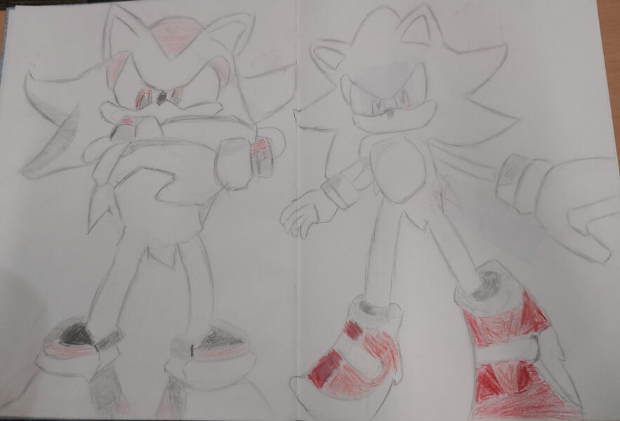 redraw of finalhazard's victory screen, depicting super sonic and super shadow after having just beat him